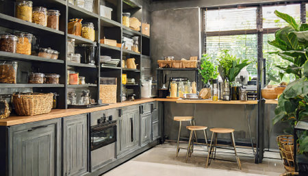 Explore practical and aesthetically pleasing storage solutions for your home interior design. This image showcases expertly managed pantry shelves and versatile storage ideas tailored toの素材