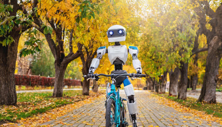 A cheerful humanoid robot rides a bicycle along a picturesque autumn alley adorned with vibrant foliage. This robotic figure evokes an intriguing fusion of technology and human-like emotionalの素材