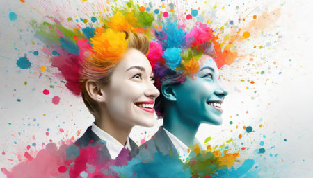 A striking abstract illustration showcasing a colorful depiction of mental health and creativity, emphasizing happiness, emotional well-being, and mindfulness with a vibrant and joyful femaleの素材