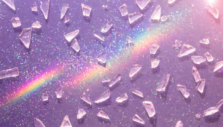 A captivating holographic background showcasing intricately glass shard details with dazzling rainbow reflexes in shades of pink and purple, offering a unique, surreal, and dynamic abstract artの素材