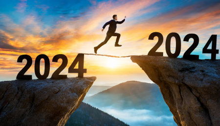 Happy New Year illustration featuring a silhouette of a man leaping from the cliff to the cliff on a vivid sky background. Captures themes of transition, growth, courage, and fresh opportunities.の素材