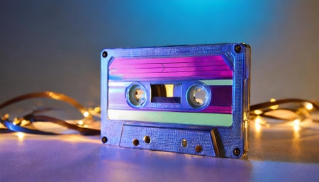 Dive into the s with this vibrant neon audio cassette, a true emblem of retro music culture. Perfect for reliving timeless hits, this cassette combines nostalgic charm with a bold modern designの素材