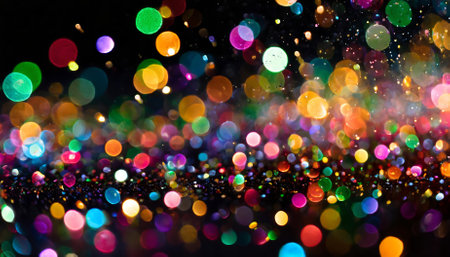 Immerse yourself in the dreamy ambiance of multicolor bokeh with shimmering blurry lights, falling rainbow confetti, and a soft blurred backdrop. A visual celebration of vibrant, festive charm.の素材