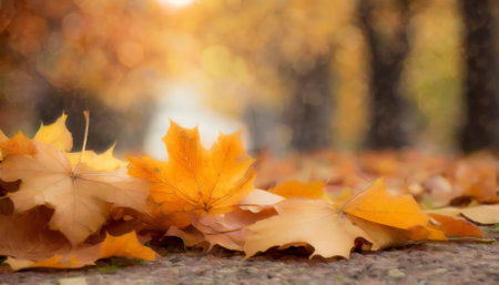 This captivating image features orange maple leaves lying on the ground, framed by a defocused bokeh effect that highlights the enchanting beauty of fall. Perfect for seasonal or nature-inspiredの素材