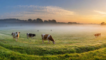 A tranquil panorama showcasing cows grazing in a dewy meadow during an early morning filled with misty fog, creating a peaceful rural atmosphere with glistening grass and the gentle light ofの素材