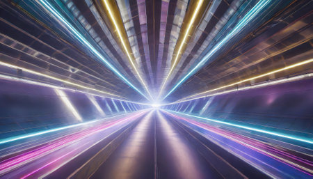 Immerse yourself in this futuristic neon lights speed tunnel background, a captivating AI design blending motion, vivid streaks of light, and an electrifying glow, ideal for sci-fi and techの素材