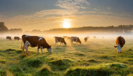 Experience the calm of the countryside with this panoramic shot of grazing cows in a dew-kissed meadow at sunrise. The hazy morning fog adds depth and a sense of peace to the lush greenの素材