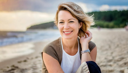 A captivating image of a smiling -year-old woman at the beach, basking in tranquility, framed by the sea and sky. Her joy and calm reflect the peaceful harmony of this picturesque coastal moment.の素材
