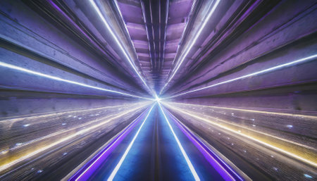 A long exposure shot of a tunnel with light trails in the tunnelの素材