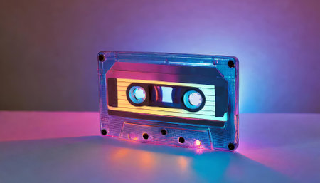 Experience s nostalgia with a vivid neon audio cassette, embodying retro vibes and the iconic music culture of the era. This design is a tribute to timeless melodies and vintage audio formats inの素材