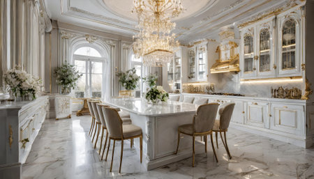 This image captures a modern classic white kitchen in a luxury apartment, showcasing a spacious marble-topped island dining table, high-end appliances, exquisite cabinetry, and elegant detailsの素材