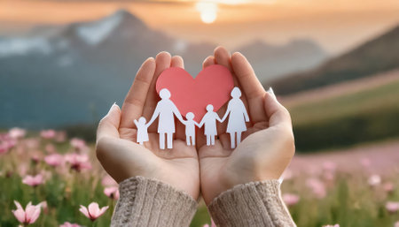 An evocative image of hands holding a heart-shaped paper family cutout, representing foster care, homelessness support, and mental health awareness while emphasizing global compassion and unity.の素材