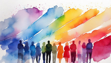 This mesmerizing watercolor art showcases multicolored spectrum silhouettes of individuals set against a clean white background, symbolizing unity, diversity, and creativity through vibrant huesの素材