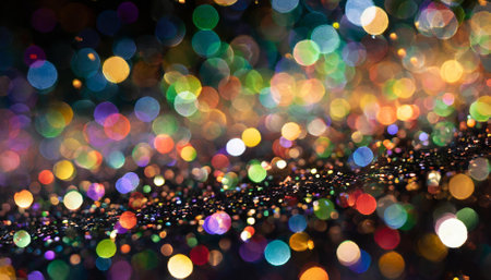 A visually enchanting image showcasing multicolor bokeh effects combined with a dreamy, rainy light aesthetic, set against a blurred background adorned with rainbow-colored confetti, evoking aの素材