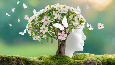 This stunning artwork illustrates a tree sprouting from the human mind, enriched with flowers and butterflies, conveying the essence of positive thinking, imaginative creativity, and theの素材