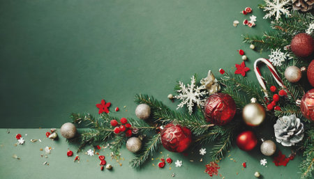 This Merry Christmas image showcases a stylish festive border with vibrant decorations, sparkling confetti, and evergreen fir branches, ideal for spreading holiday cheer and enhancingの素材