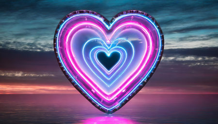 This vibrant image showcases a glowing neon heart framed with futuristic pink and blue hues, merging digital artistry with romantic aesthetics. Ideal for tech-savvy decor, special events, orの素材