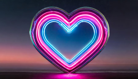 This vibrant neon heart sign blends futuristic elements with striking pink and blue tones, offering an engaging visual ideal for digital projects, tech aesthetics, modern art designs, andの素材