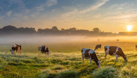 A picturesque scene featuring cows grazing peacefully in a vibrant green meadow. The grass glistens with morning dew, while a misty fog blankets the serene countryside landscape.の素材