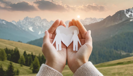 A heartfelt image of hands holding a heart-shaped paper cutout of a family, symbolizing the essence of foster care, support for the homeless, and global mental health awareness. This photographerの素材