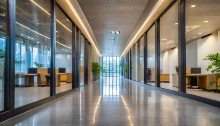 A stunning modern office interior showcasing a spacious, well-lit corridor with clean lines, stylish finishes, and a softly blurred room background, creating a sophisticated and welcomingの素材
