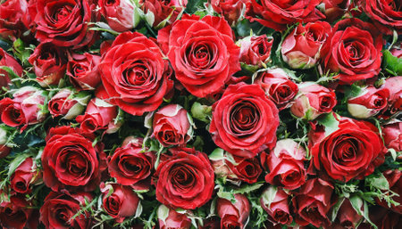 This natural fresh red roses flowers pattern wallpaper captures the stunning beauty of vibrant red rose blooms in a top-view arrangement, creating a breathtaking floral wall background ideal forの素材