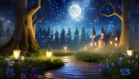 Immerse yourself in a stunning magical forest at night, filled with sparkling stars, ethereal glowing lights, mystical creatures, and fairy tale charm that evokes dreams and imagination in aの素材