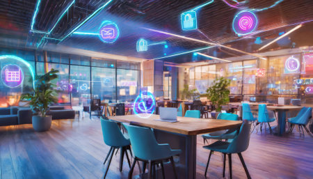 Immersive neon cyberpunk open space office interior, showcasing a futuristic atmosphere where innovative design meets advanced technology overlays, creating a sleek and vibrant sci-fi workspaceの素材