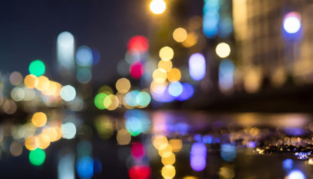 An artistic capture of multi-colored neon lights reflected on a wet city street, emphasizing the interplay of vivid hues, shimmering puddles, and the moody essence of urban nightlife after aの素材