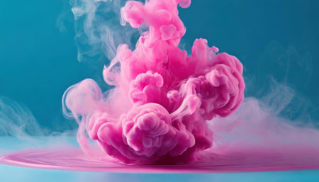 This bold, high-resolution stock photo features vivid pink smoke clouds set against a serene blue backdrop, blending contrasting hues in a dynamic and captivating style that inspires creativityの素材