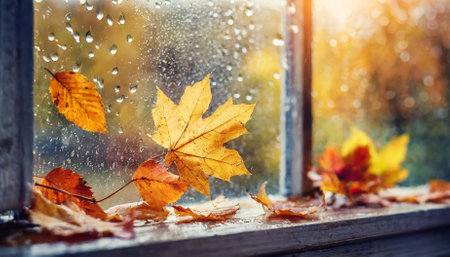 A rainy autumn day depicted through vibrant leaves resting against window glass, surrounded by a soft, atmospheric glow of raindrops. This image beautifully conveys the tranquility and charm ofの素材