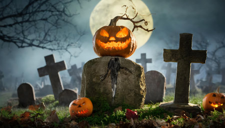 An eerie depiction of a pumpkin-headed zombie emerging from a haunted cemetery. Tombstones and foggy ambiance amplify the horror, with a chilling moon casting an ominous glow, ideal forの素材