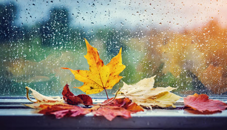 An enchanting view of a rainy autumn day, showcasing colorful fallen leaves stuck on a window glass. This serene scene embodies the quiet charm of the fall season, perfect for evoking cozyの素材