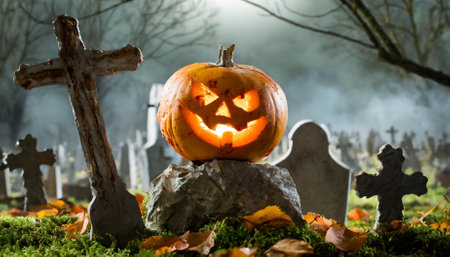 A spine-chilling scene of a pumpkin-headed zombie emerging from a graveyard, surrounded by eerie tombstones, gnarled trees, and a foggy moonlit atmosphere. Perfect for Halloween themes, horrorの素材