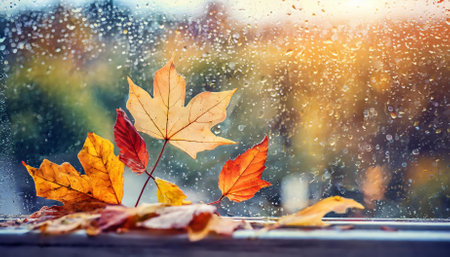 A rainy autumn day with colorful leaves resting on a misty windowpane, embodying the beauty of the fall season. This serene scene inspires peaceful contemplation and celebrates seasonal naturesの素材