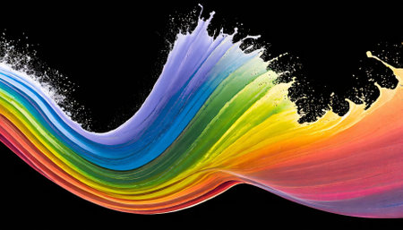 Dynamic and vibrant rainbow wave with a colorful paint splash, presented as a high-quality isolated design element on a transparent background. Perfect for creative artwork, branding, and designの素材