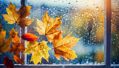 A peaceful rainy day scene showcasing autumn leaves scattered on window glass, beautifully reflecting the tranquil essence of the fall season outdoors, with a focus on natures changing charm andの素材
