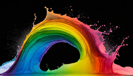 A dynamic and vivid rainbow wave of colorful paint splash on a transparent background, showcasing bold gradient hues and fluid movement. Ideal for creative projects, graphic design, and artの素材