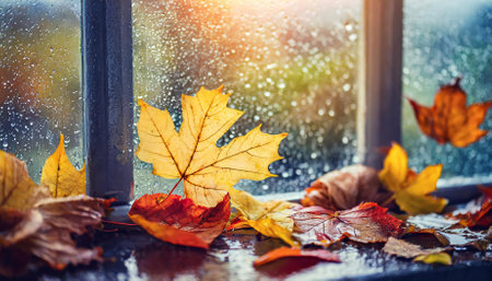 Experience the serene ambiance of a rainy autumn day as colorful leaves clinging to a window glass, with raindrops trickling down, capturing the beauty and calm of the fall season in this stunningの素材