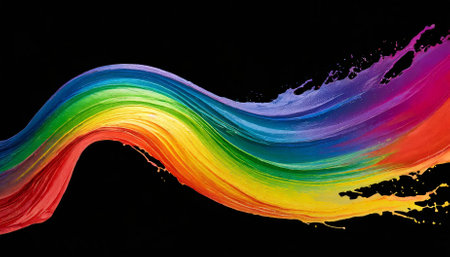 Vivid rainbow wave paint splash featuring a multicolor palette on a transparent background. Ideal for use in digital designs, advertisements, social media posts, creative projects, and artisticの素材