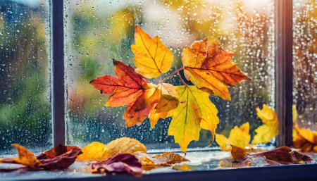A peaceful rainy day showcasing golden autumn leaves gently resting on window glass outdoors, symbolizing the calm, nostalgic atmosphere and beauty of the fall season's natural artistry.の素材
