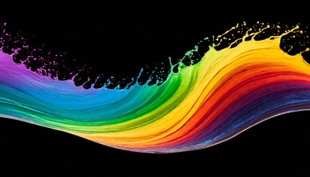 Rainbow wave featuring a vivid and colorful paint splash design element on a transparent background. Ideal for creative projects, branding, digital art, graphic design, and modern artisticの素材