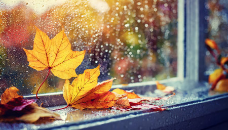 A serene autumn scene capturing raindrops gently sliding down a glass window, with vibrant fall leaves pressed against the pane, evoking the peaceful essence of the fall season and naturesの素材