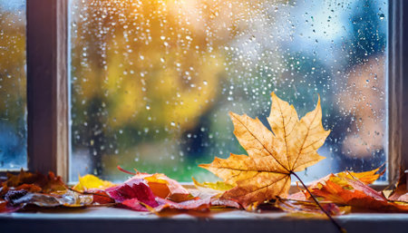 Experience the peaceful essence of a rainy autumn day with golden leaves clinging to the glass, a poetic representation of falls beauty, nostalgic vibes, and the tranquil harmony between natureの素材