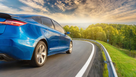 Rear perspective of a stylish blue business car speeding at high velocity through a sharp turn on a high-speed road, emphasizing dynamic motion, sleek aerodynamics, and cutting-edge automotiveの素材