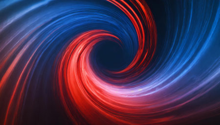 This image showcases an eye-catching abstract design with a red and blue spiral pattern, illustrating a rotating circular orbit. The vibrant background offers plenty of negative space, ideal forの素材