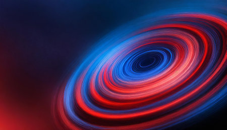 A vibrant abstract visual featuring a red and blue spiral in dynamic circular motion, designed to evoke energy and focus. This graphic offers ample space for adding text or incorporatingの素材