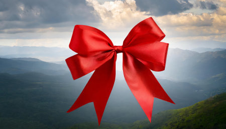 A beautifully detailed red bow ribbon, isolated on a transparent or white background, ideal for use in design projects like gift wrapping, holiday-themed graphics, celebration invitations, orの素材