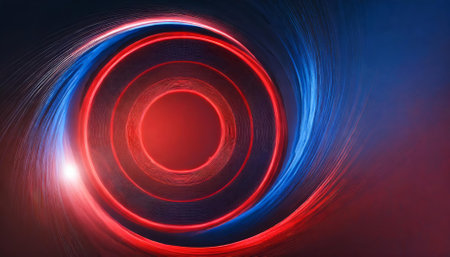 This abstract image features an intricately red and blue spiral with circle orbit rotation, offering a visually striking background ideal for modern designs, branding, or promotional content.の素材