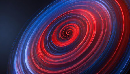 A captivating abstract image showing a red and blue spiral with a circular orbit rotation. The design offers space for text, making it ideal for creative projects, presentations, or digitalの素材